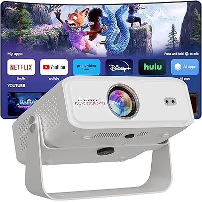 E Gate Duster 8X Projector 4k Ultra HD | Official Netflix, Prime, Sony | 100% DustFree & Certified Android Whale OS | 8X Brighter, 1080p Native, Fully Automatic, HDMI-ARC, Chat GPT Voice Remote, EGATE